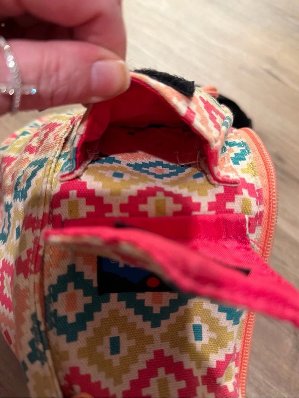 Kavu Multicolor Geometric Rope Sling Bag - Coral, Teal, Mustard